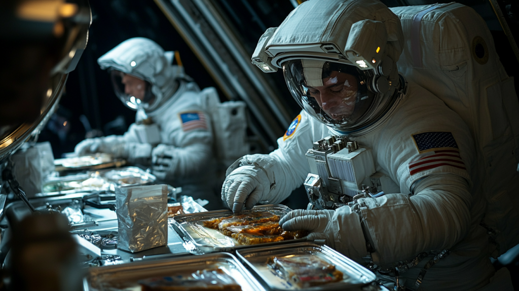 Astronauts eating NASA-prepared meals in zero gravity.