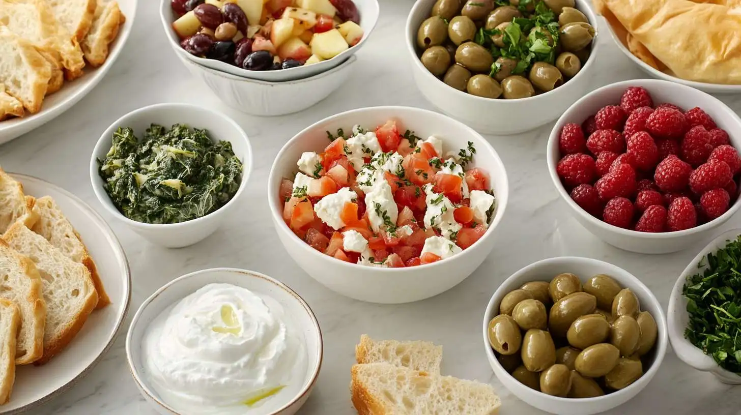 Greek breakfast table with yogurt, spanakopita, olives, and fruit.