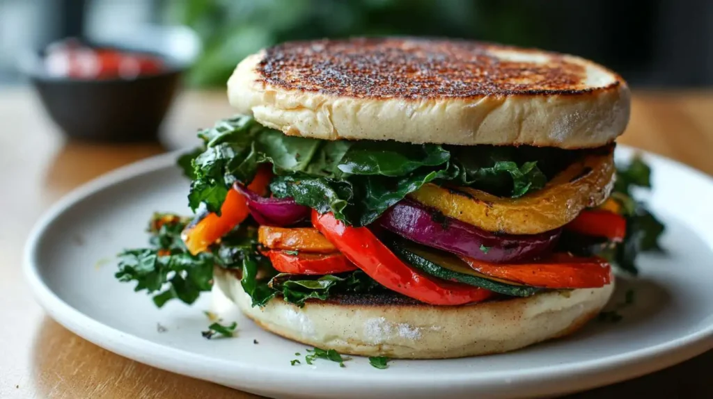 Healthy vegetarian breakfast sandwich with roasted veggies and hummus.