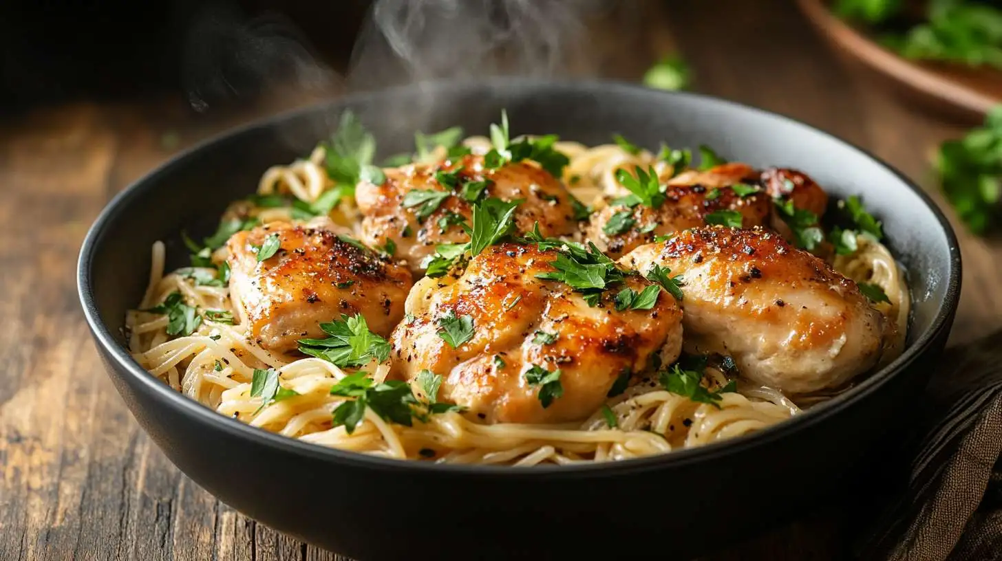 Chicken and Noodles Recipe - A warm bowl of homemade chicken and noodles garnished with fresh parsley.