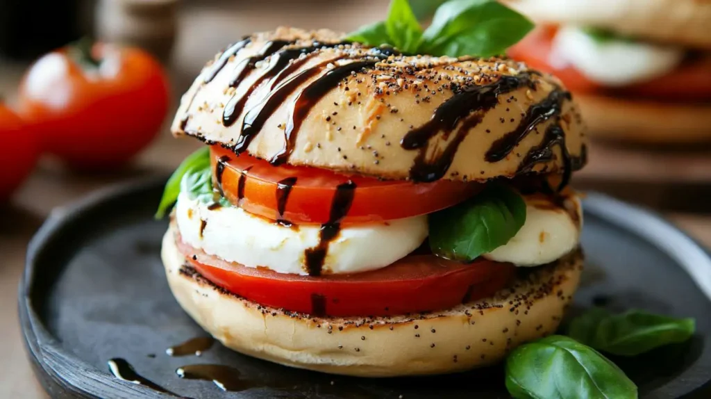 Gourmet Caprese-style breakfast sandwich with fresh mozzarella and tomato.