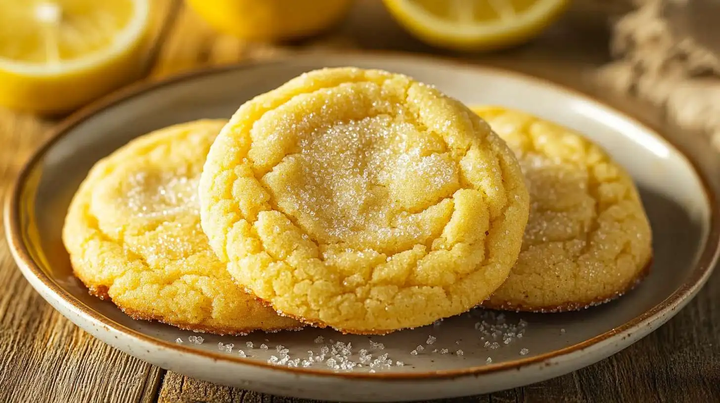 Lemon sugar cookies on a plate with a slice of lemon.