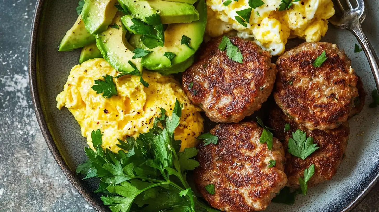 Chicken Breakfast Sausage Patties on a plate with eggs and avocado.