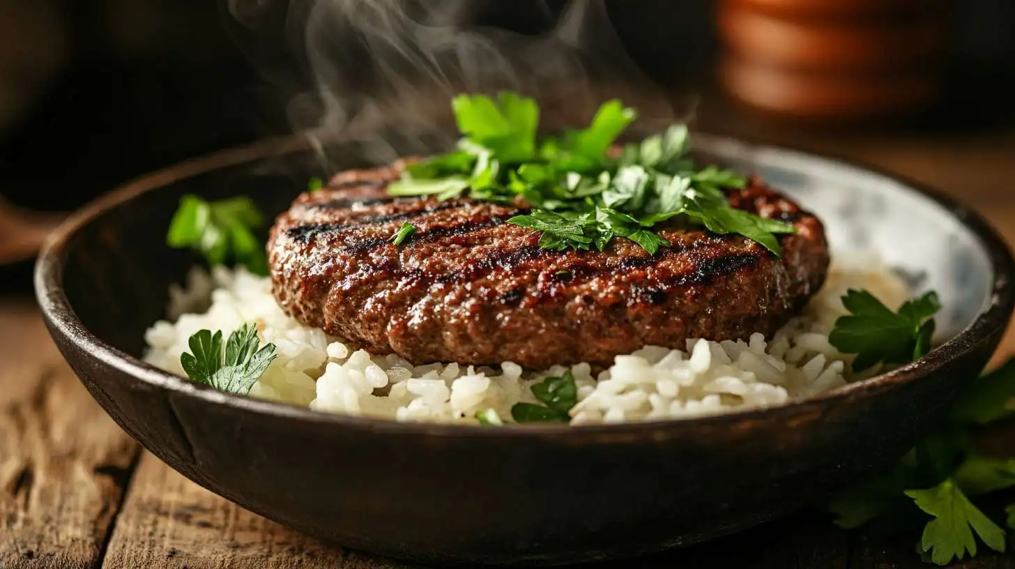 Hamburger and Rice Recipes - A hearty dish of seasoned beef and fluffy rice garnished with fresh herbs.