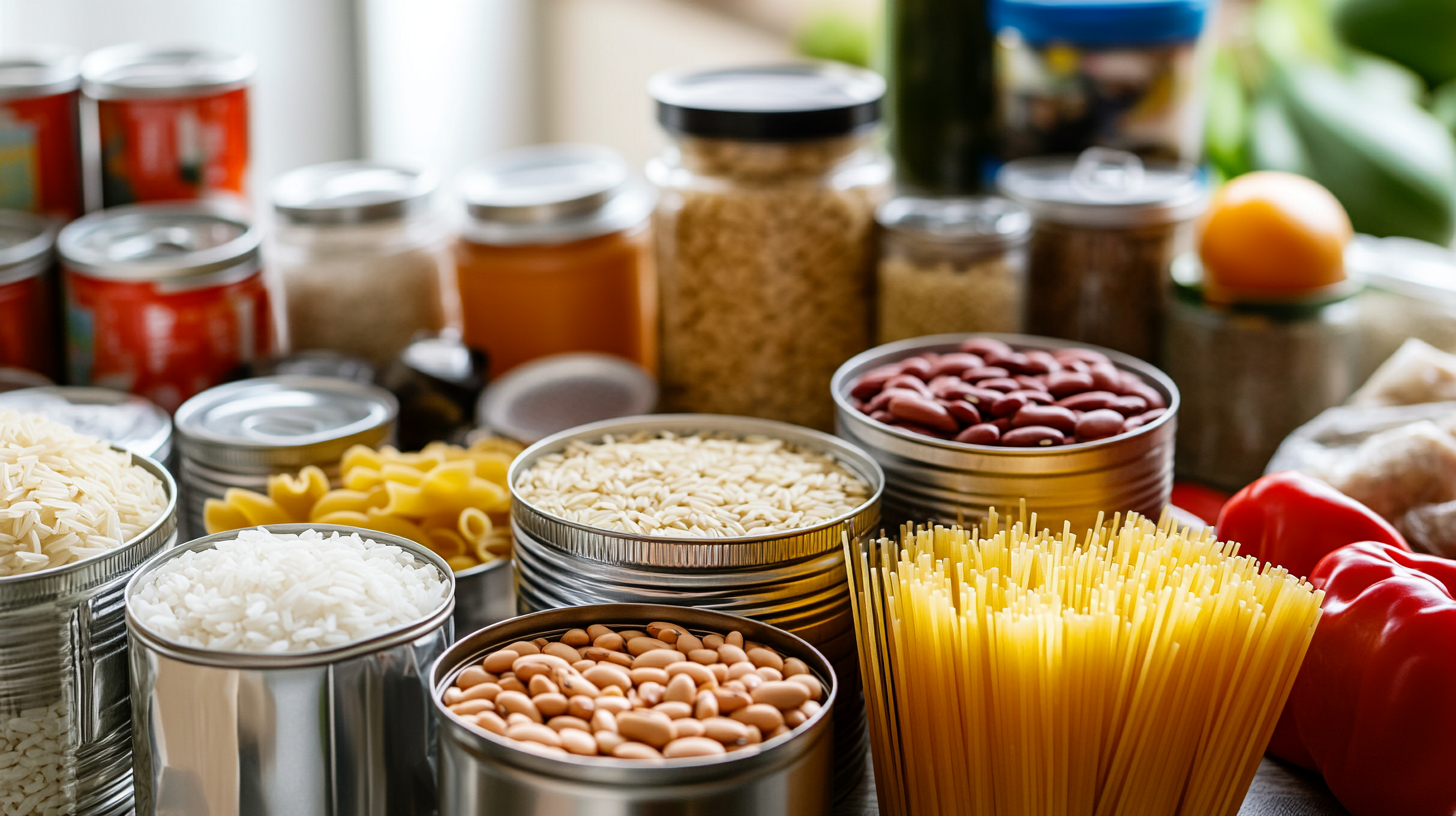 Emergency food recipes ingredients laid out on a kitchen table.