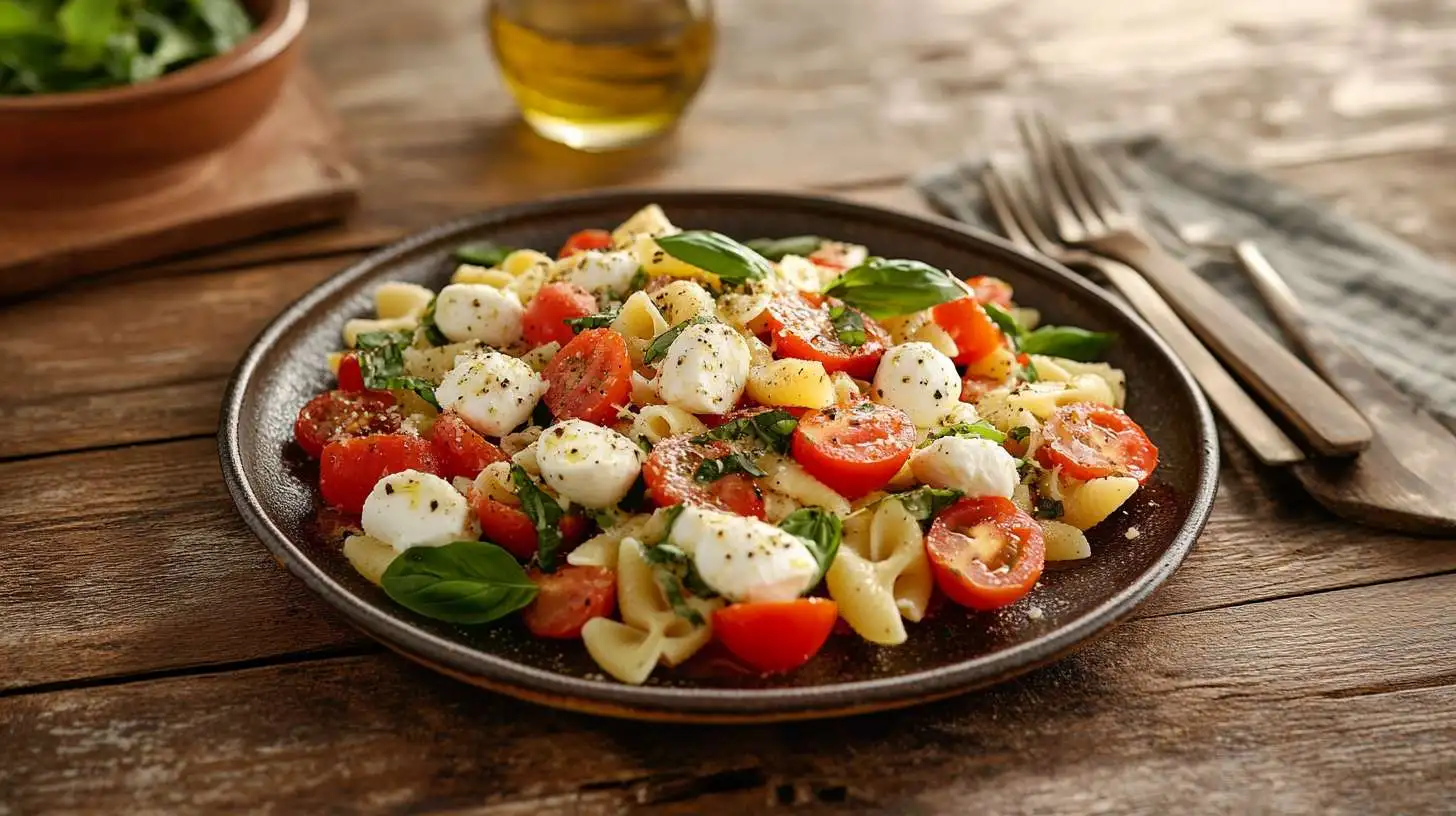 Fresh and flavorful summer pasta salad with cherry tomatoes, basil, and mozzarella balls.