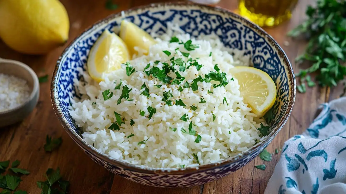 Greek Rice Recipe – A Bowl of Fluffy Mediterranean Rice with Lemon and Herbs.