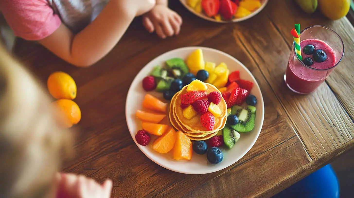 Toddler breakfast ideas with colorful fruits, pancakes, and a smoothie.