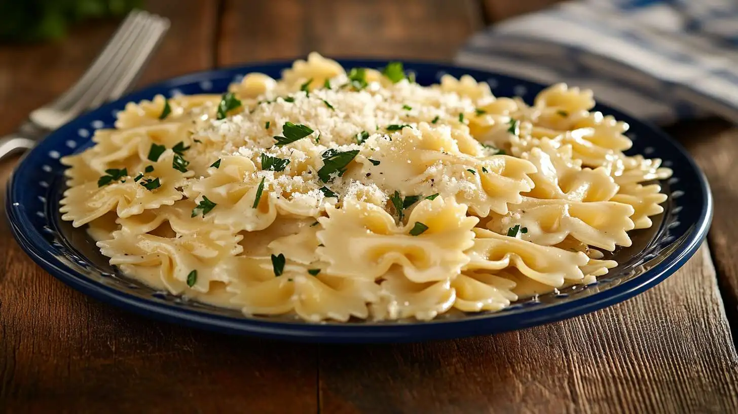 Bow Tie Pasta Recipes – Creamy Alfredo Pasta on Rustic Table.