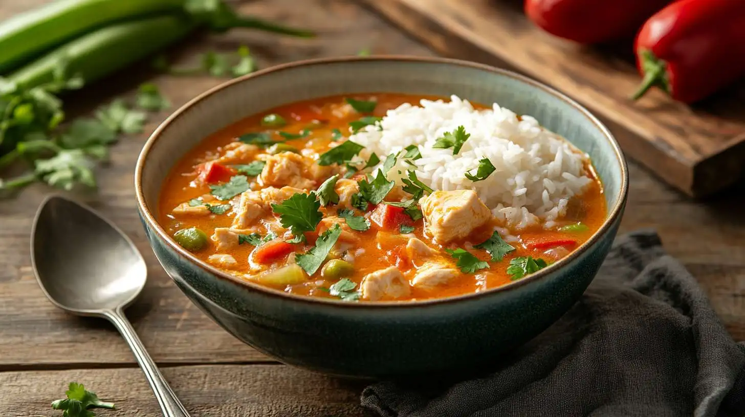 Steaming bowl of chicken vegetable soup with rice on a rustic table.