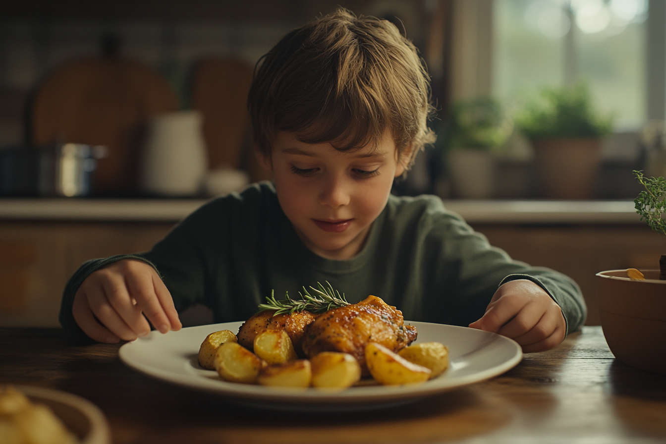 oung boy admiring a plate of roasted chicken and golden potatoes garnished with fresh rosemary in a cozy kitchen setting.
