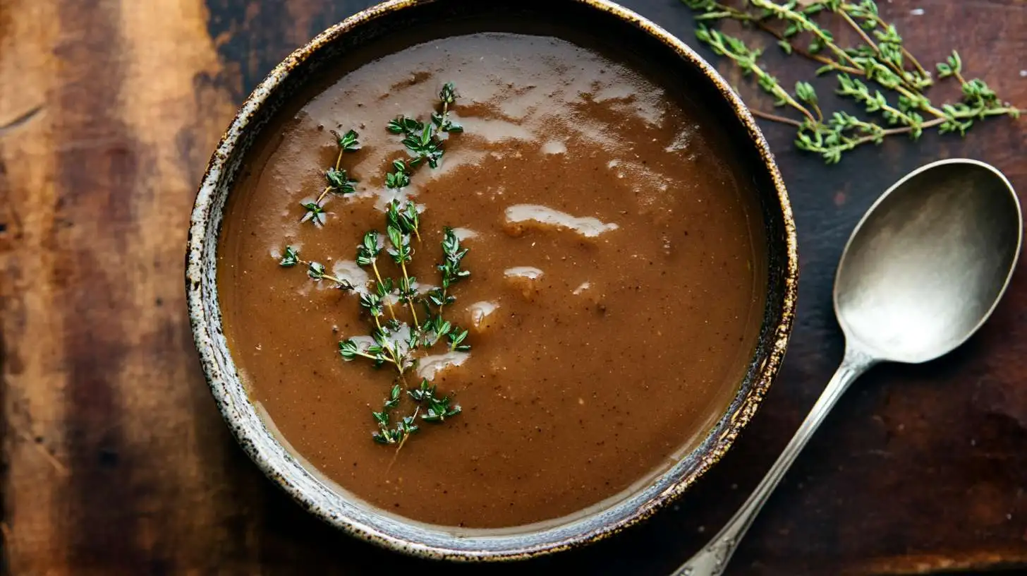 Rich and velvety beef gravy served in a rustic bowl with a side of mashed potatoes.