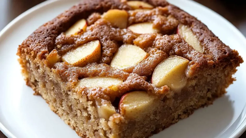 A slice of low-sugar, moist apple coffee cake with fresh apple chunks and cinnamon.